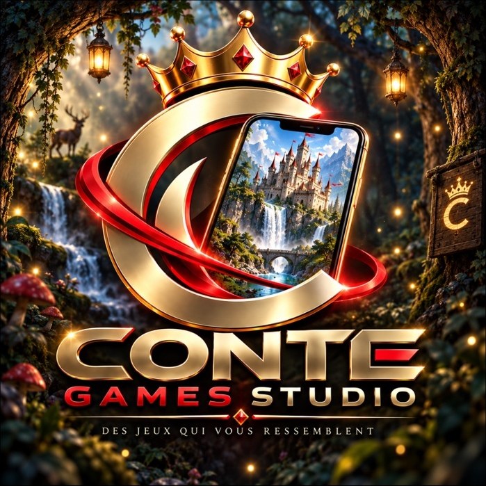 Logo officiel Conte Games Studio : un C doré couronné, un téléphone et le nom Conte.
