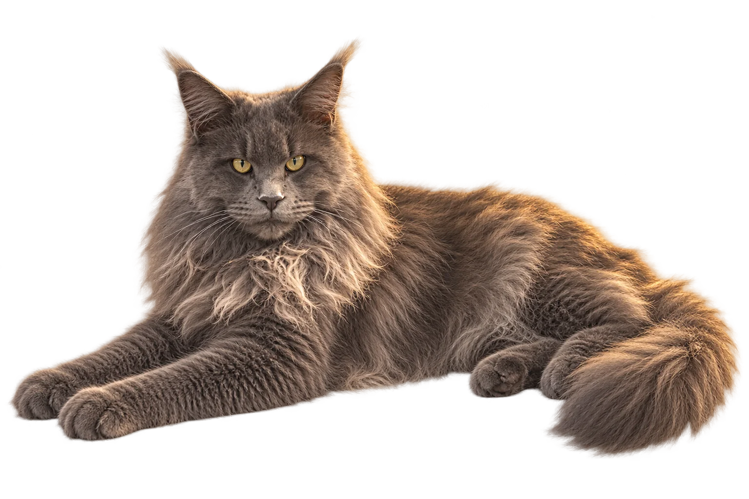 Le Maine Coon gris d’Anthony, aux yeux jaunes, couché sur la terrasse.